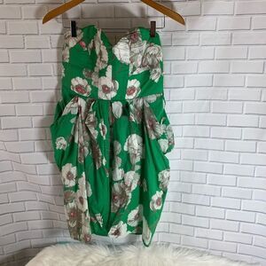 I.C.U. Green Floral Strapless Front Pleat Dress